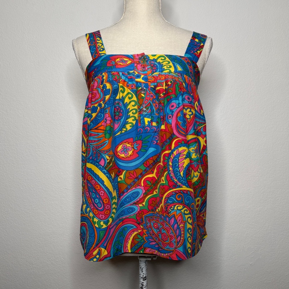 Tibi Floral Sleeveless Blouse Vibrant Faux Crystal Button Lined Size XS